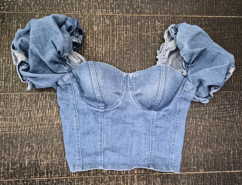 Size L Denim Puff Sleeve Crop Top Structured Corset-style Sweetheart Bustier